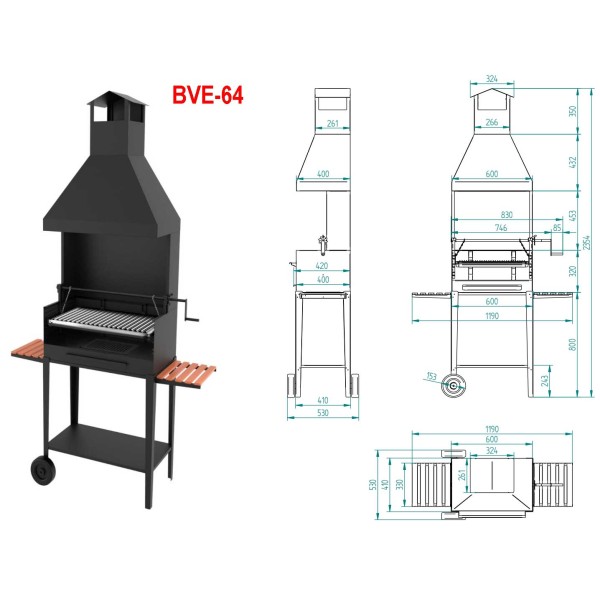 Barbacoa de Carbón y Leña con Elevador y Carro
