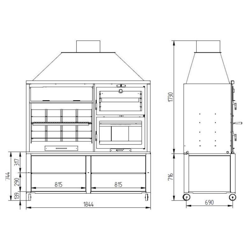 Barbacoa Argentina 200 cm. con Elevador, horno y estantes