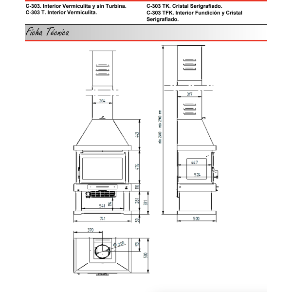 chimenea frontal de 3 caras