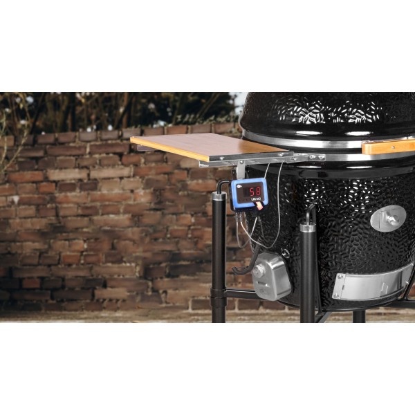 mesa lateral de kamado  con carro y termómetro DynaQ