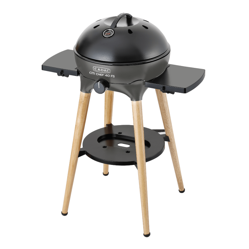 incluye soporte para ollas, parrilla para la barbacoa y tapa con termómetro.