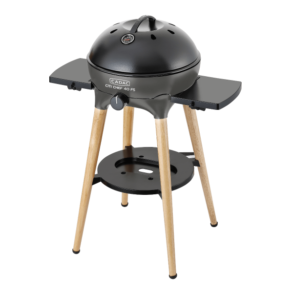 incluye soporte para ollas, parrilla para la barbacoa y tapa con termómetro.